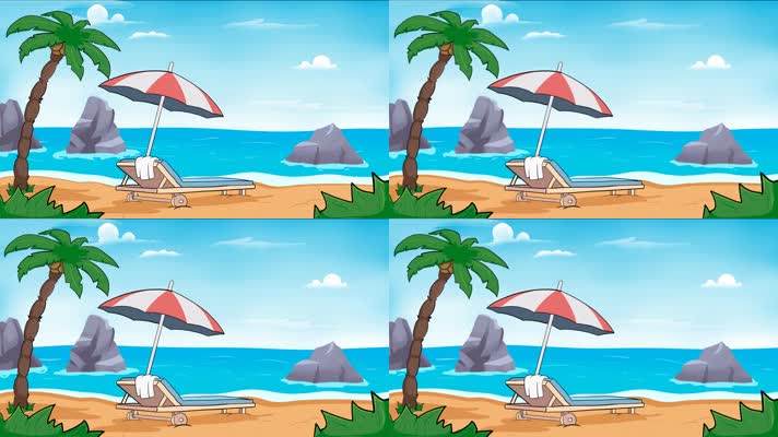 4K海滩太阳伞躺床风景小动画
