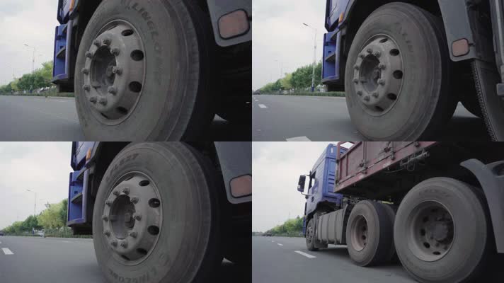 卡车行驶轮胎转动特写