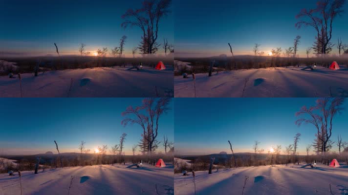 4K冬季阿尔泰山雪地与朝阳唯美色彩