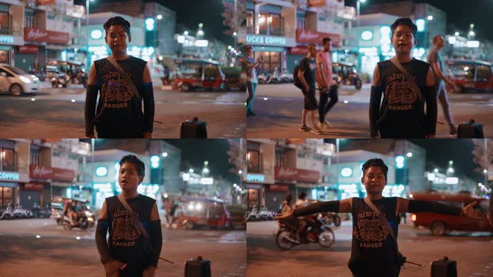 泰国旅游视频清迈街头快乐歌唱的泰国男孩