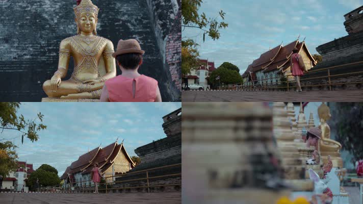 泰国旅游视频虔诚拜佛祈福的游客