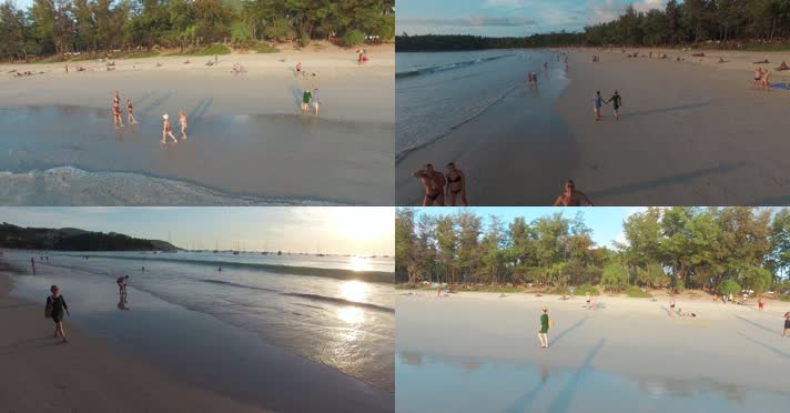 海岸沙滩视频夕阳下大海边沙滩上的游客