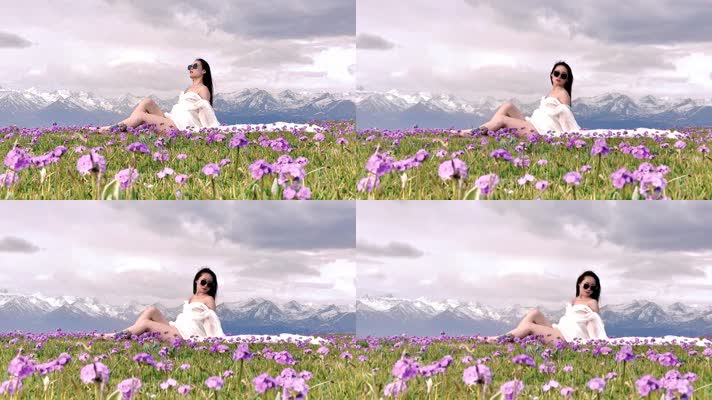 4k女生坐在草地上享受自然写真视频