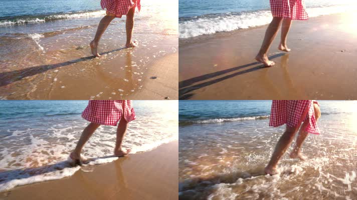 一个女孩在沙滩上奔跑的慢镜头