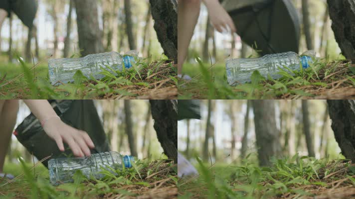 志愿者捡起瓶子装起来，环保视频