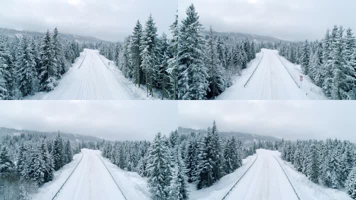 航拍冬季森林中一条白雪覆盖的道路