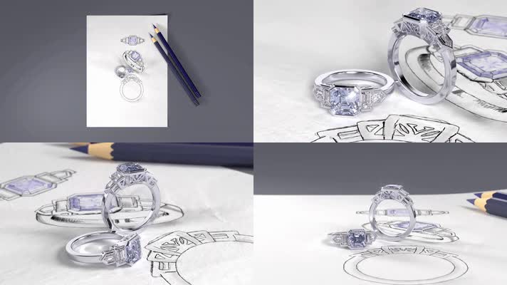 珠光宝气，钻石戒指和设计手稿展示
