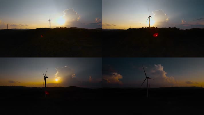 风力发电视频金色夕阳下旋转的发电风车