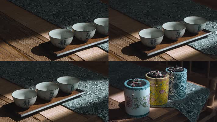 茶杯视频一缕阳光下的瓷器茶杯茶罐