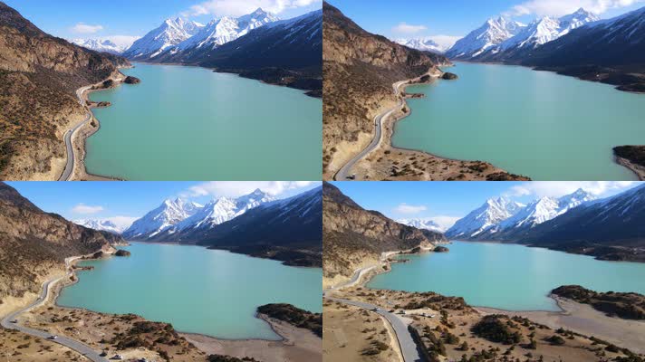 航拍西藏318国道旁的雪山下的然乌湖