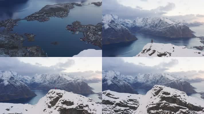 航拍挪威赖因布林根雪山顶上的徒步旅行