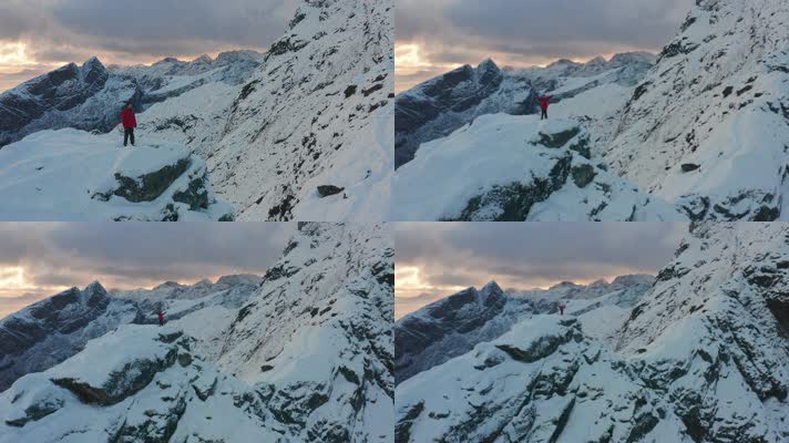 徒步旅行者站在挪威罗弗敦的雪山上