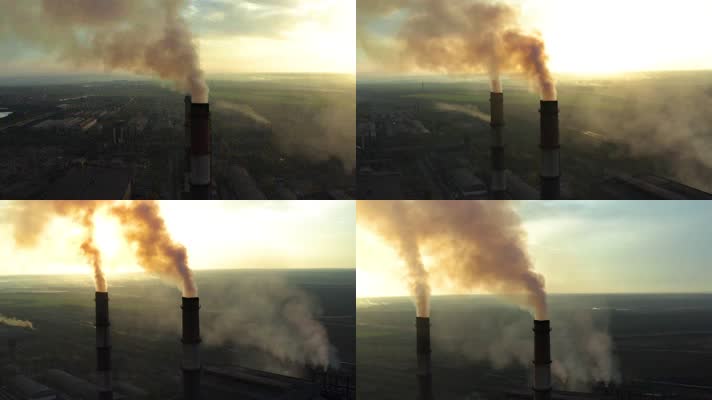 工厂污染物排放烟囱4K航拍
