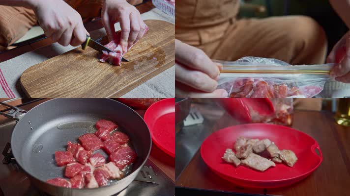 4K野餐生菜烤肉制作食用美食煎烤猪颈肉