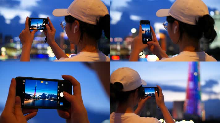 女孩在广州塔珠江边用手机拍照4k