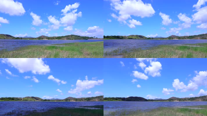 蓝天白云湖边风景