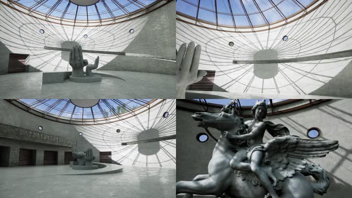 三维动画工业风博物馆雕塑艺术空间