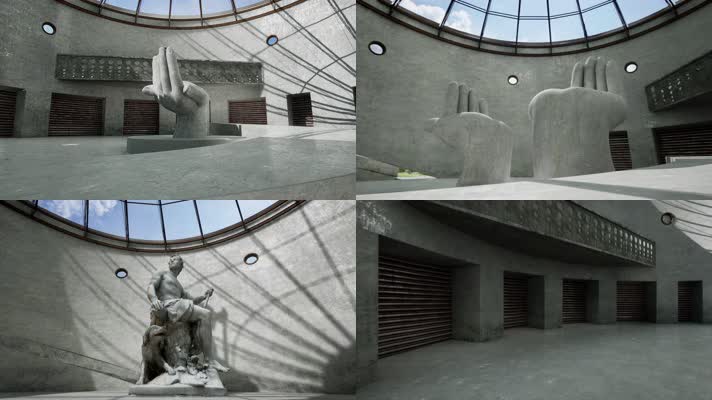 三维动画工业风博物馆雕塑艺术空间
