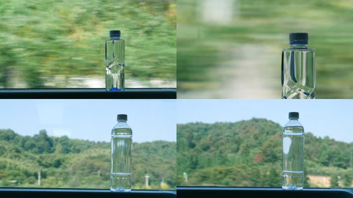 高铁车窗上的矿泉水瓶，车窗外风景4k视频