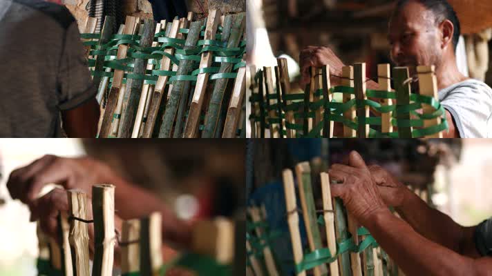 农村老人干活制作竹子栅栏4k