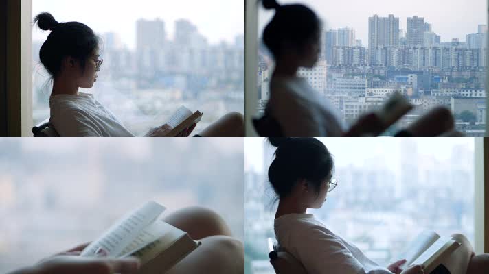 女孩在落地窗前看书4k
