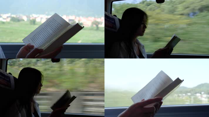 女孩在高铁车窗边看书阅读4k