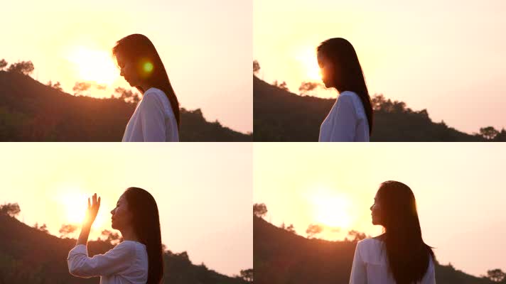 唯美伤感女孩在夕阳下的剪影慢镜头