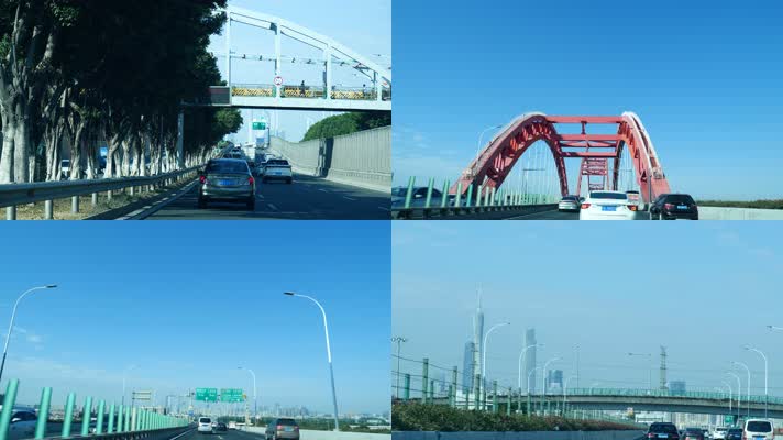 城市高速公路开车路上风景，广州新光大桥