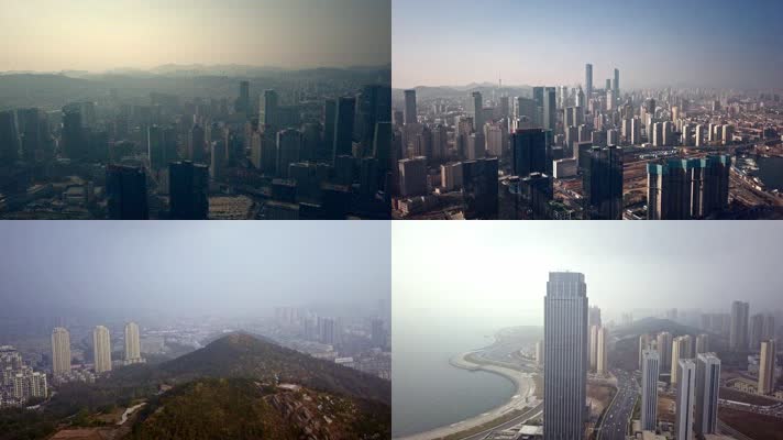 原创航拍雾霾中的现代都市