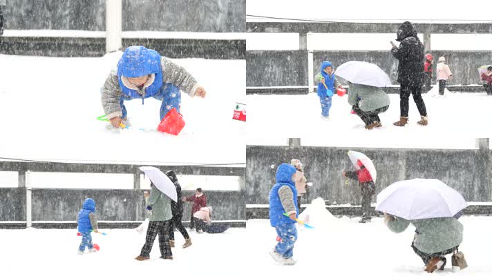 4K实拍孩子打雪仗堆雪人