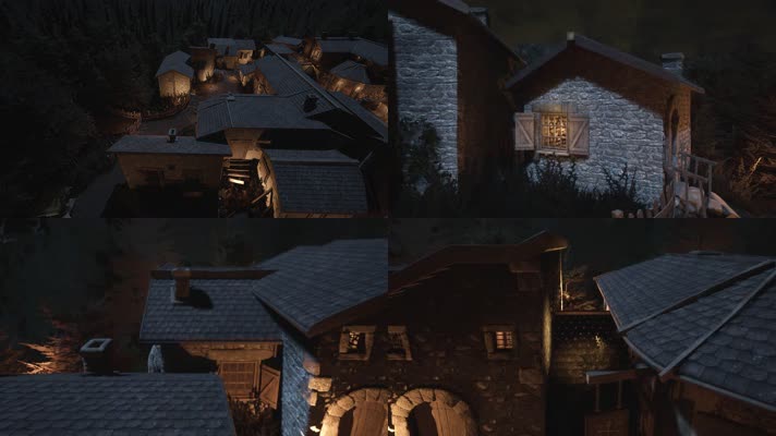 原创制作中世纪欧洲小镇村庄夜晚灯光