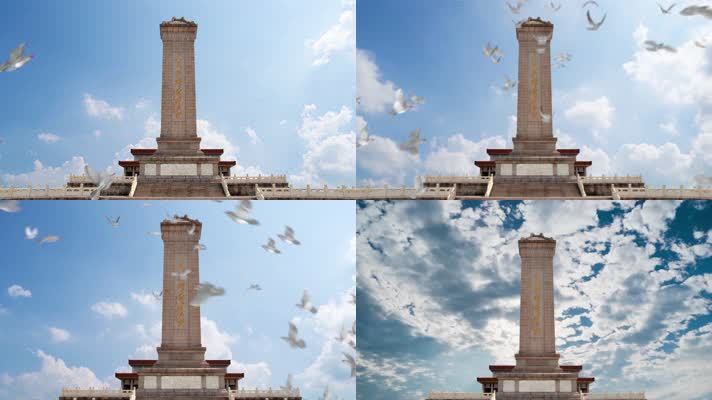 大气人民英雄纪念碑白鸽飞翔蓝天白云和平鸽