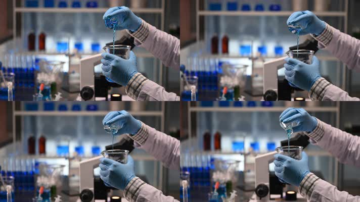 一位科学家戴着蓝色手套在实验室里做研究