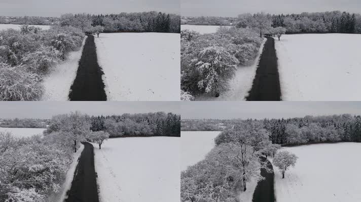 鸟瞰图的积雪树木之间的道路4k