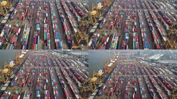 航拍商港进出口货物及港口数千个集装箱