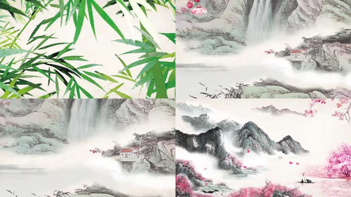中国风花瓣燕子瀑布淡彩水墨山水