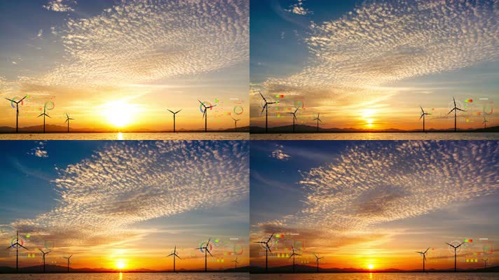 日落云天空延时风力涡轮机清洁能源绿色地球