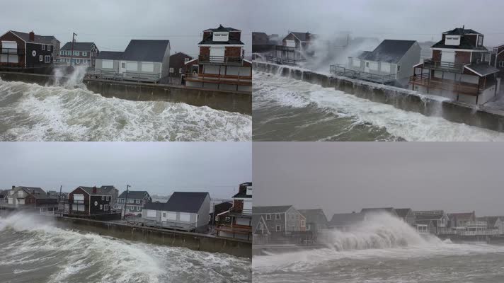 海啸，巨浪冲击房屋