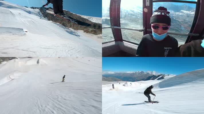 雪山滑雪慢镜头，雪山滑雪慢动作