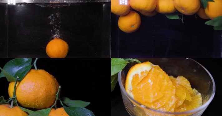 创意新鲜橙子柑橘桔子入水碰撞水果合集4K