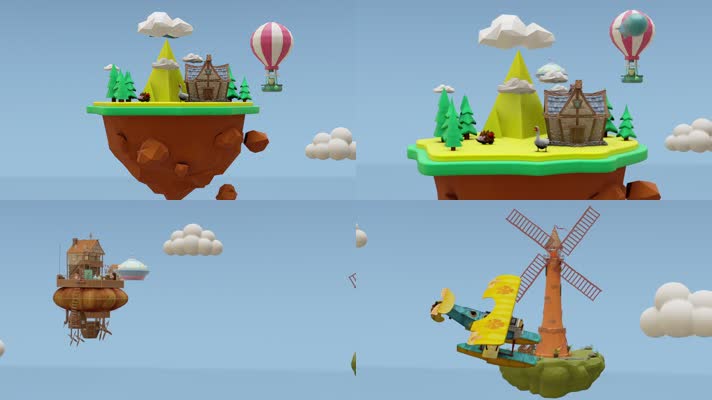 少儿卡通浮空岛热气球场景动画栏目片头素材
