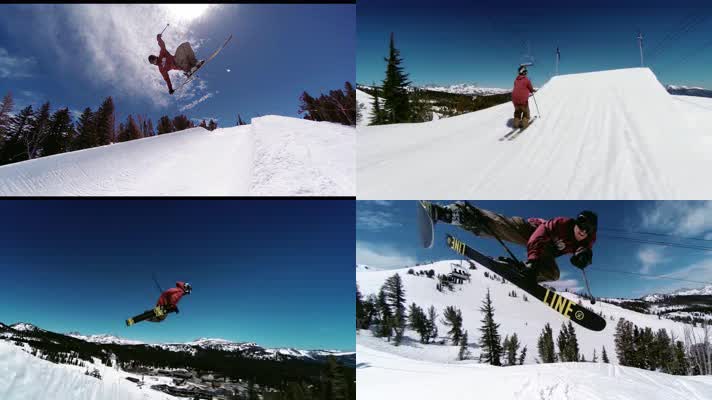 跳跃，滑雪慢镜头，雪山滑雪慢动作