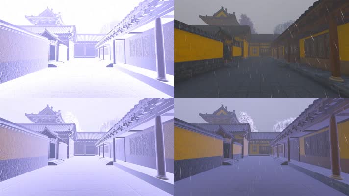 古代庭院皇宫宫廷寺院走廊-打雷下雨