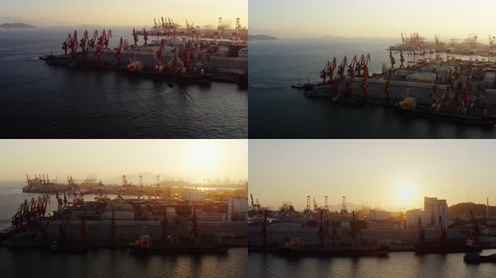 夕阳下的港口码头航拍4k