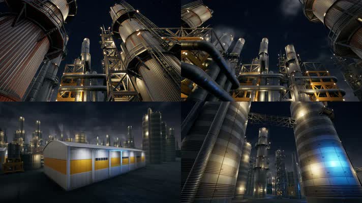 三维动画化工厂工业园区设施夜景