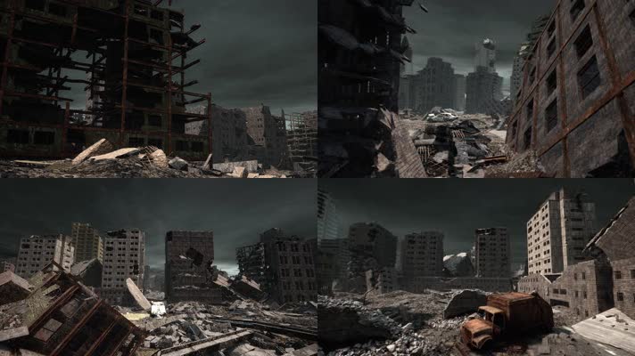 三维动画废弃城市地震后废墟