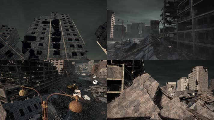 三维动画废弃城市地震后废墟