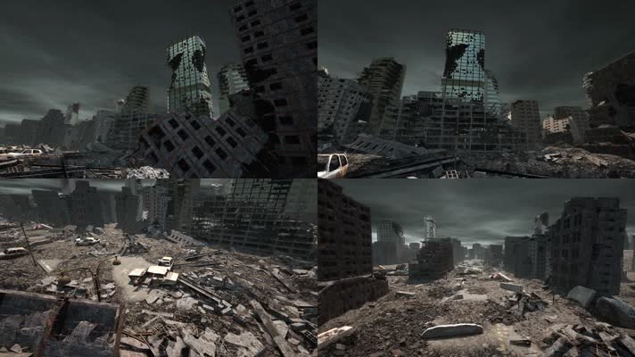 三维动画废弃城市地震后废墟 