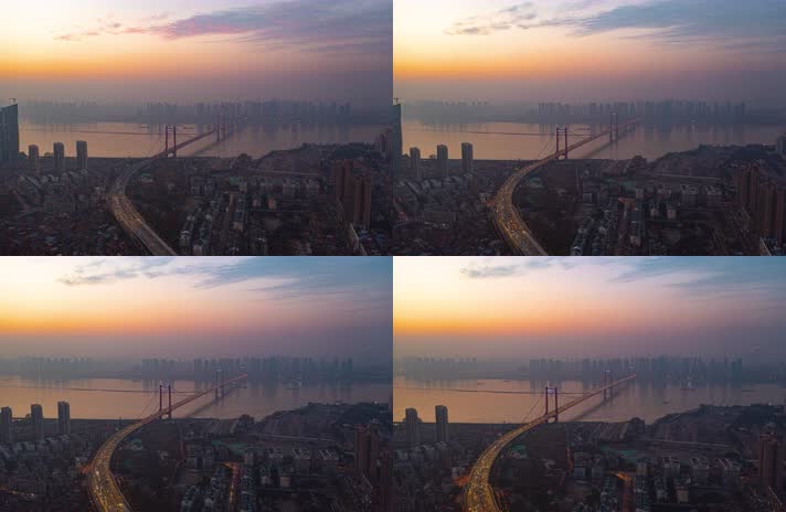 航拍黄昏下的武汉鹦鹉洲垮长江大桥