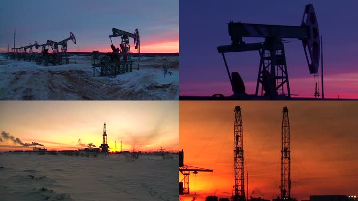 石油开采：日出时的钻井平台磕头机